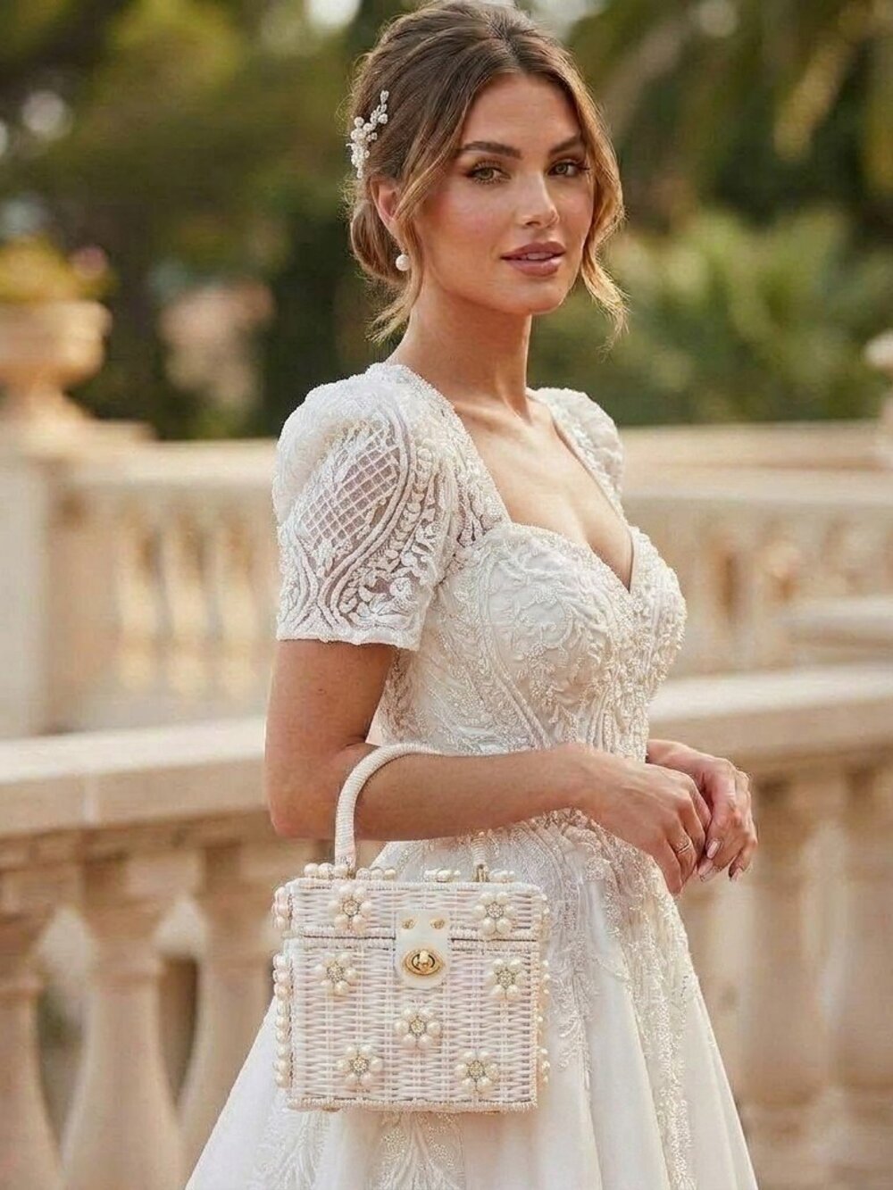 Sugar Pearl Bloom Woven Wicker Top Handle Purse